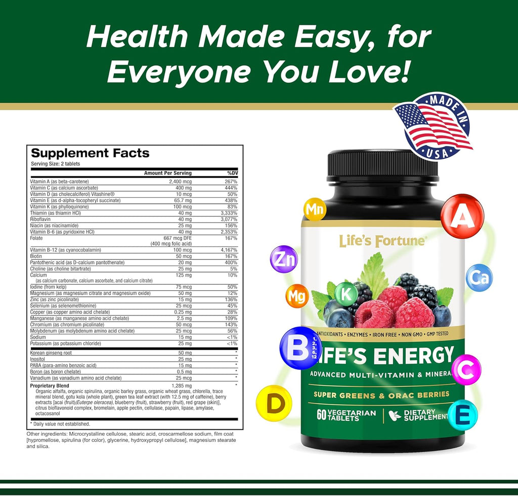 Life's Energy Advanced Daily Multivitamin for Men & Women, Energy and Immune Support Supplement with Super Greens, Antioxidants, Enzymes - Iron Free, Vegetarian, 60 Tablets by Life's Fortune