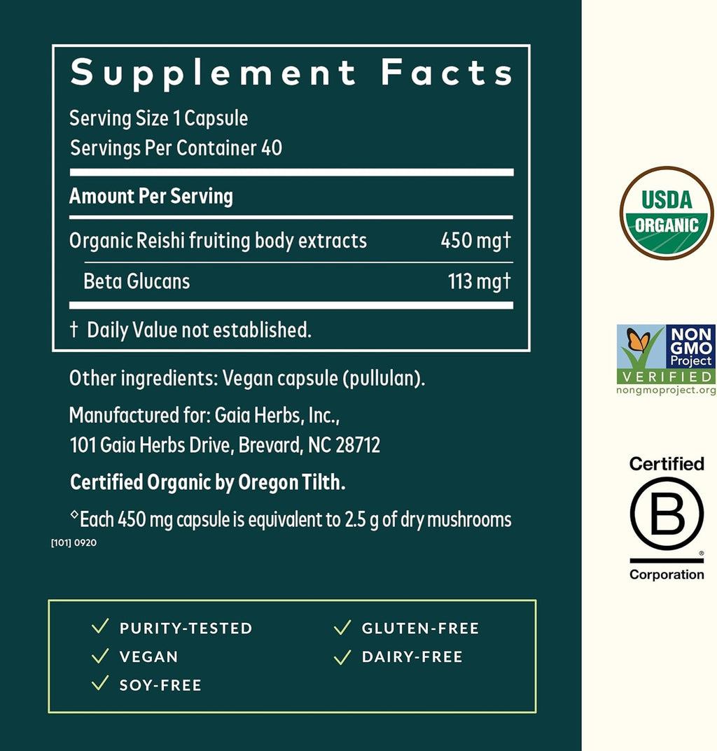Gaia Herbs Reishi Mushroom - Helps Maintain a Healthy Immune System & Supports Heart Health - Adaptogen Herbal Supplement for Longevity Support - 40 Vegan Liquid Phyto-Capsules (40-Day Supply)
