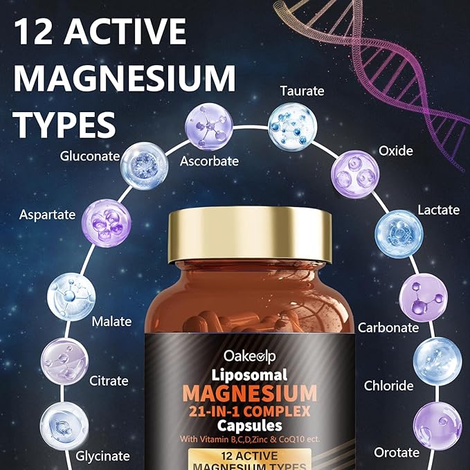 21 in 1 Liposomal 12 Active Types Magnesium Complex 1400mg (Glycinate,Citrate,Malate etc) Capsule -with Vitamin D3, B6, B12, Ashwagandha & CoQ10 for Adult-Support Relaxation,Muscle & Heart