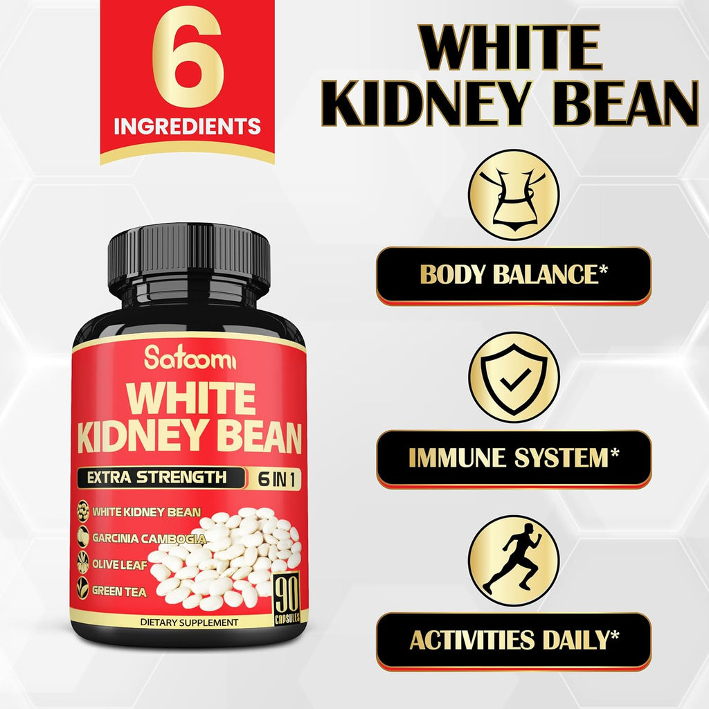 Satoomi 6 in 1 White Kidney Bean Extract Capsules -90 Capsules -3 Month Supply - Extra Blend with Olive Leaf, Green Coffee Bean & Green Tea - Support Carb Scale Down