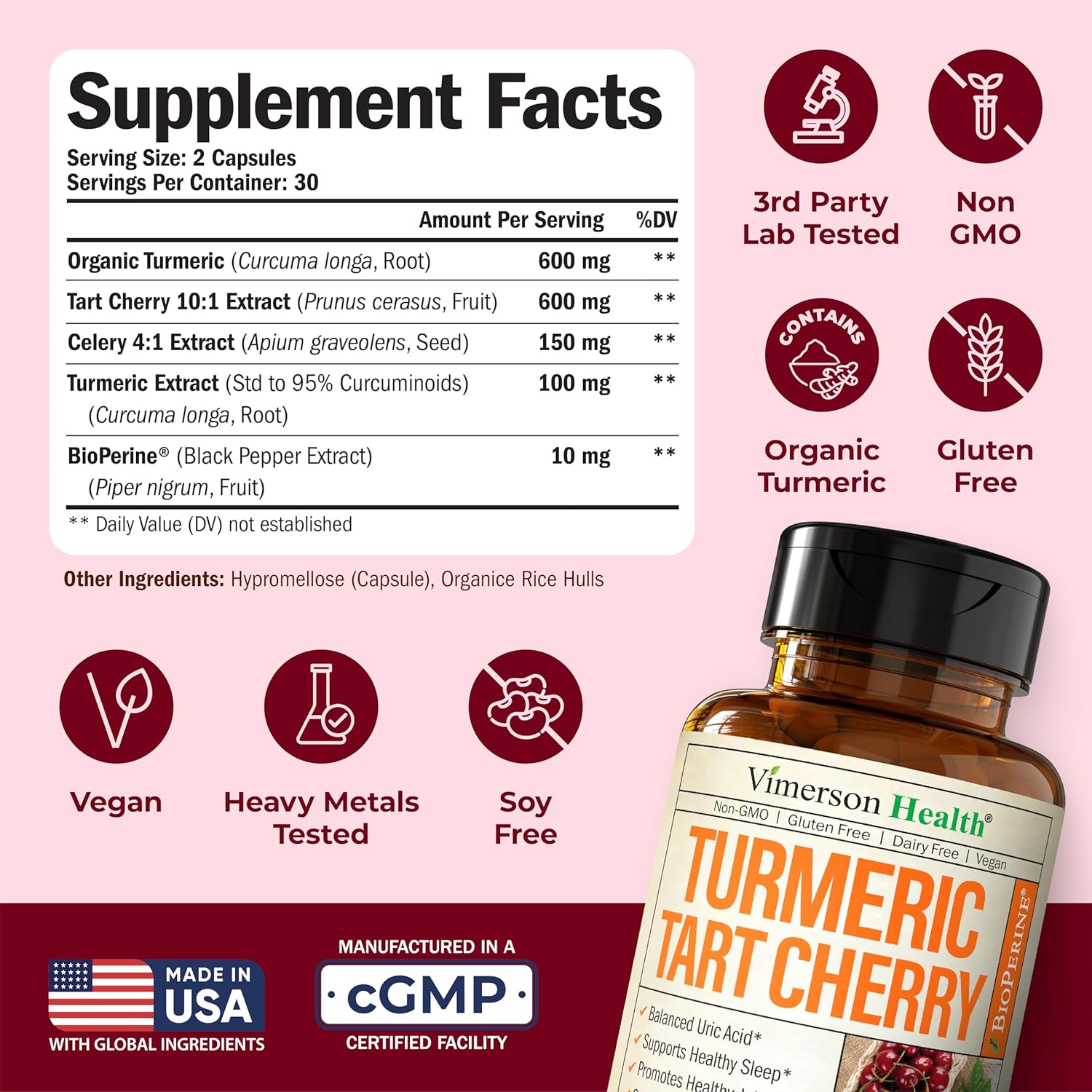 Turmeric Curcumin Supplement with 10:1 Tart Cherry Extract & Celery Seed Extract - Natural Uric Acid Balance, Joint Health, Sleep Aid - Turmeric Curcumin with Black Pepper. Tart Cherry Capsules 2 Pack