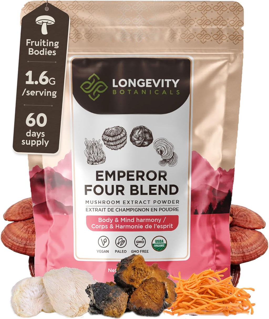 Organic Emperor 4 Powder Mushroom Blend Supplement 100g | Fruiting Body Extract Complex | With Lions Mane, Cordyceps, Chaga & Reishi | 20% Beta-D Glucans | Cognition, Immunity & Energy Support
