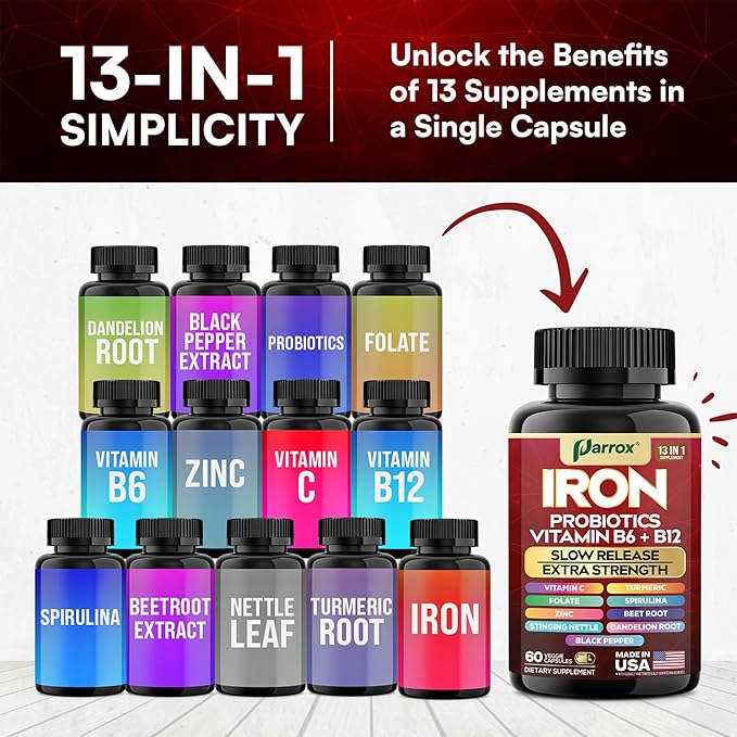 Iron Supplement, Slow Release Iron, Probiotics, Spirulina, Turmeric, Vitamin B6, Methylated B12, Vitamin C, Zinc, Beetroot, Nettle Leaf, Dandelion Root, Black Pepper, Extra Strength, 60 Capsules 2Pack