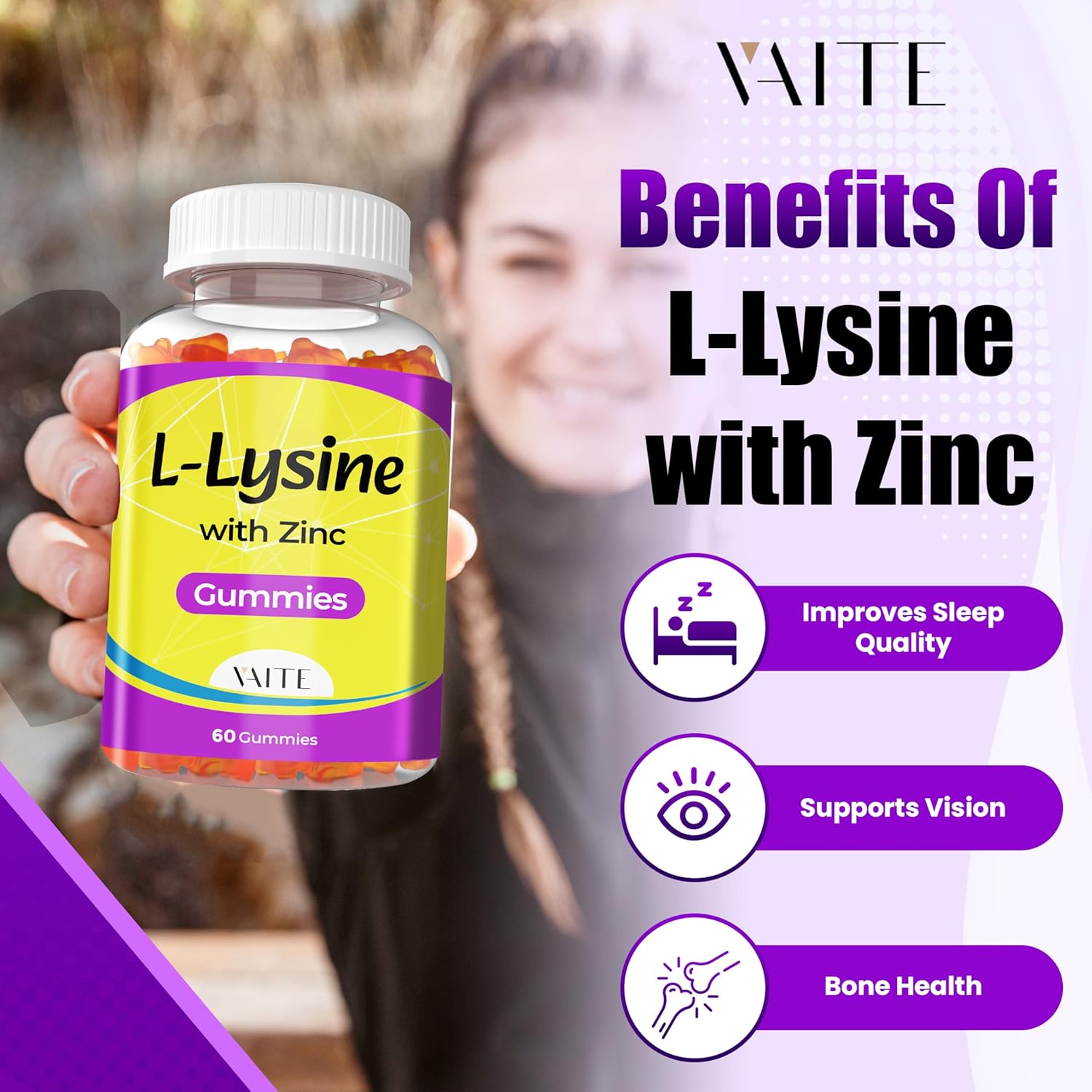L Lysine Gummies 1000mg with Zinc - Supports Skin, Lip, Vegan, Gluten Free, 60 Chewable L-Lysine for Adults, Vitamins Tissue Health & Immune System, Amino Acid & Complex Supplements, Non-GMO(2Pack)