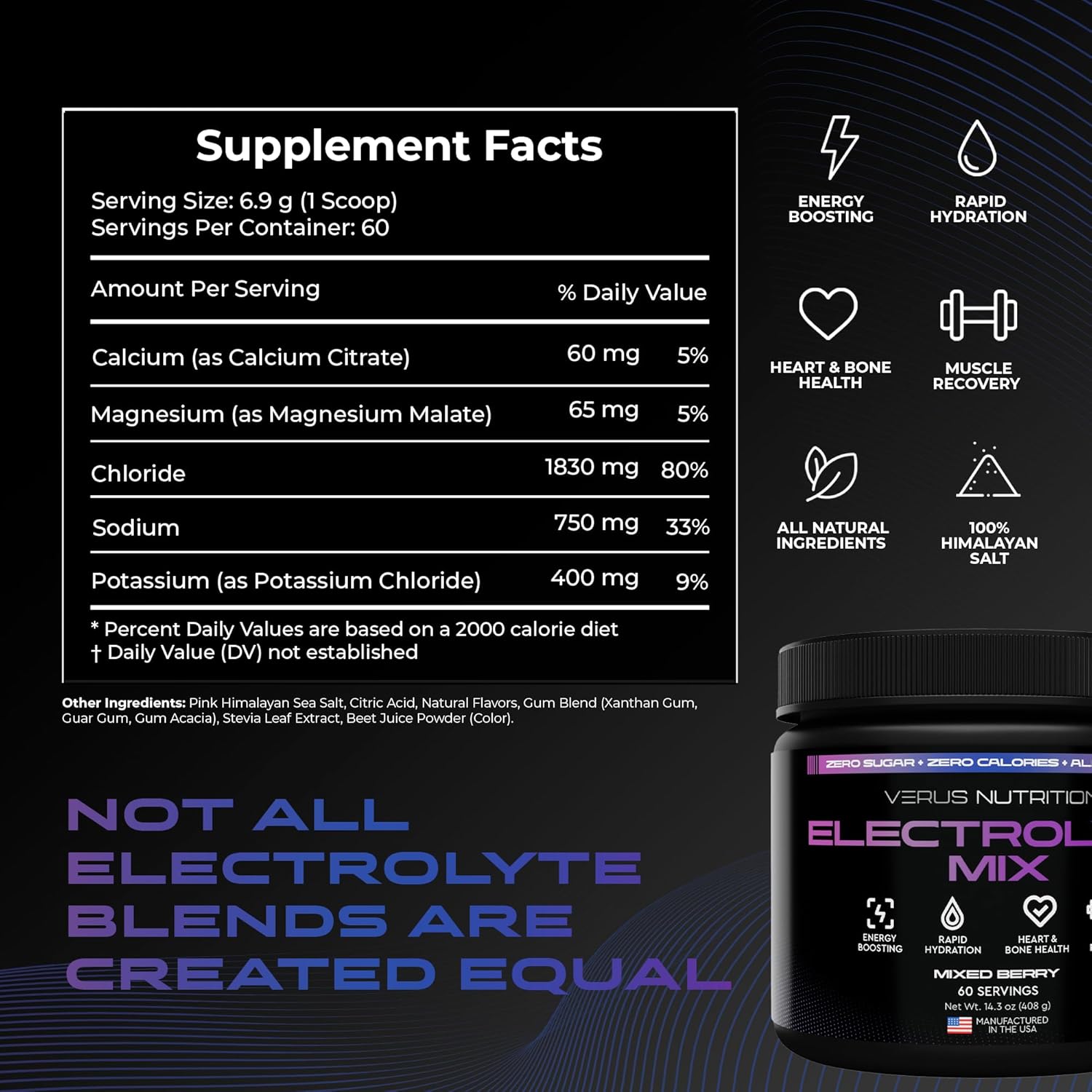 Electrolytes Powder No Sugar- Zero Calorie Hydration Powder | Sugar Free Electrolytes for Fasting, Keto & Vegan | Natural Ingredients Electrolyte Mix for Energy Boost, 60 Servings