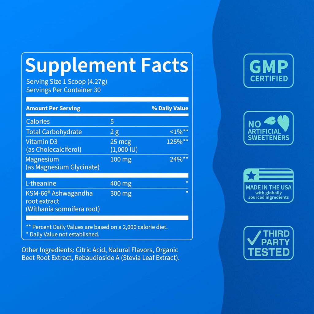 Supercalm Drink Mix - Ashwagandha KSM 66, Magnesium Glycinate, L-Theanine, Vitamin D3 - Ashwagandha Root Extract, Magnesium & L-Theanine Supplement - Focus & Support (30 Servings)