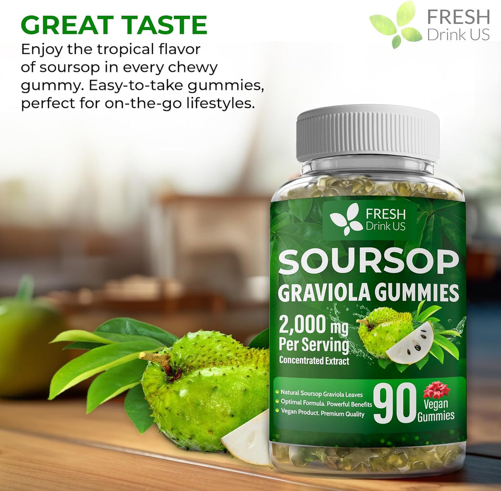 FRESHDRINKUS, Premium 90 Soursop Graviola Gummies, 2000mg per Serving, 45 Days Supply – 100% from Natural Soursop Graviola Leaves Extract, Vegan, Non-GMO, Gluten-Free (90 Gummies)