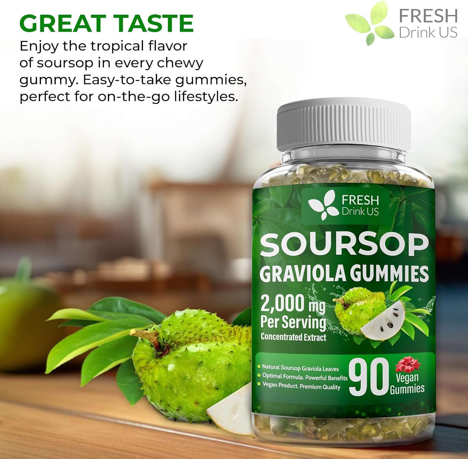 FRESHDRINKUS, Premium 90 Soursop Graviola Gummies, 2000mg per Serving, 45 Days Supply – 100% from Natural Soursop Graviola Leaves Extract, Vegan, Non-GMO, Gluten-Free (90 Gummies)