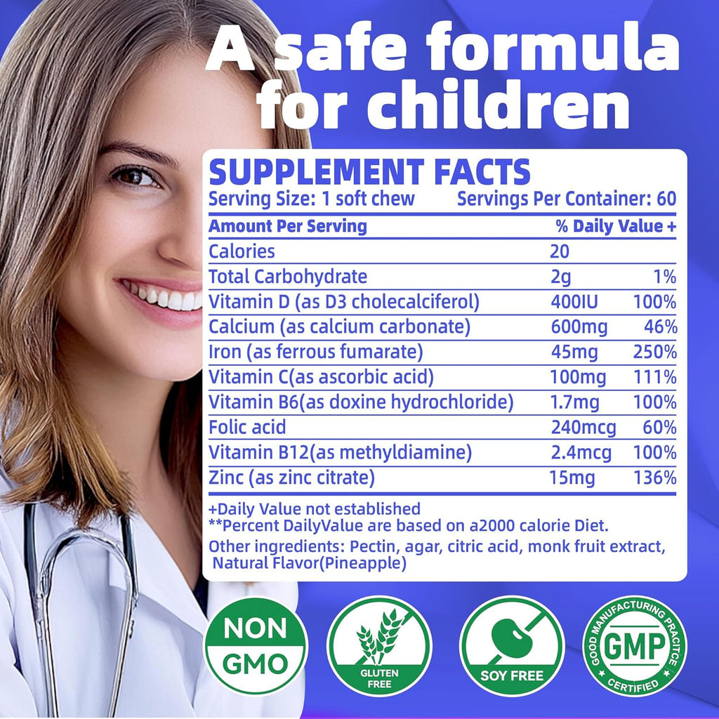 Iron Soft Chew Supplement with Vitamin C | Blueberry Flavored | Gluten Free | Iron Supplement for Women Men and Kids | 60 Count | 2 Month Supply
