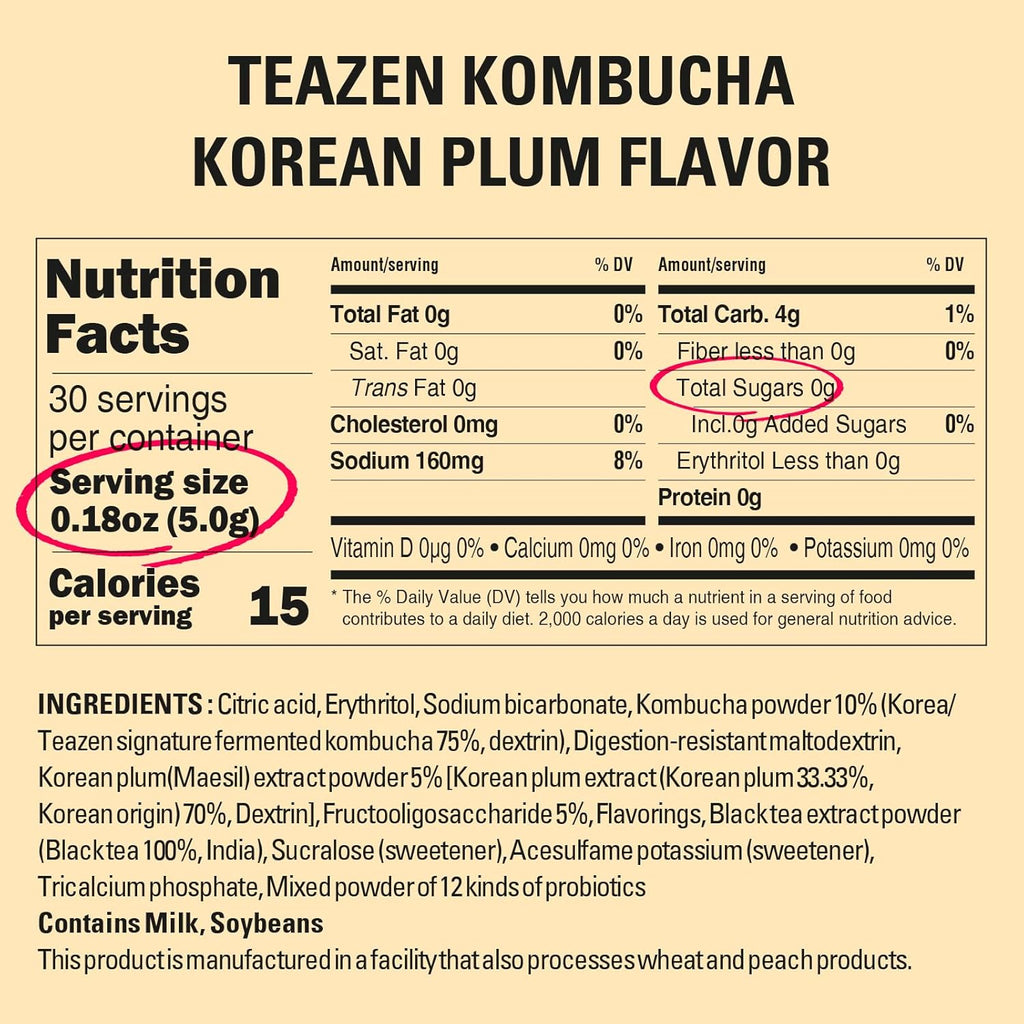 TEAZEN Japanese Apricot Kombucha Tea, Electrolyte & Hydration Drink Mix, Sugar Free, Live Probiotics & Prebiotics, 30 Sticks, 5.29oz