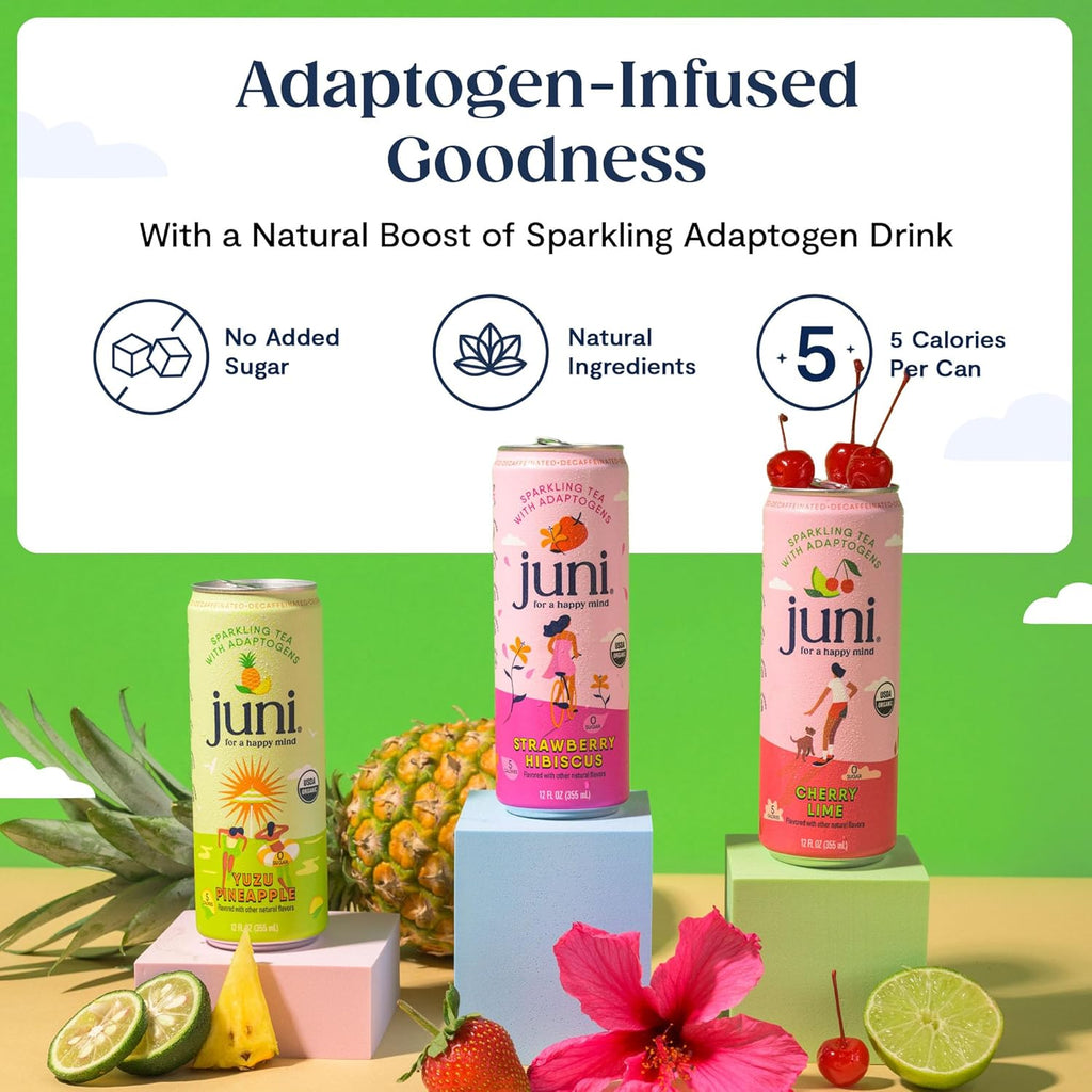 Juni Sparkling Adaptogen Drink with Ashwagandha, Lion’s Mane & Reishi Mushrooms | Green Tea for Focus, Zero Sugar, 5 Calories | Decaffeinated, Non Alcoholic Drinks – Variety Pack (12 Pack)