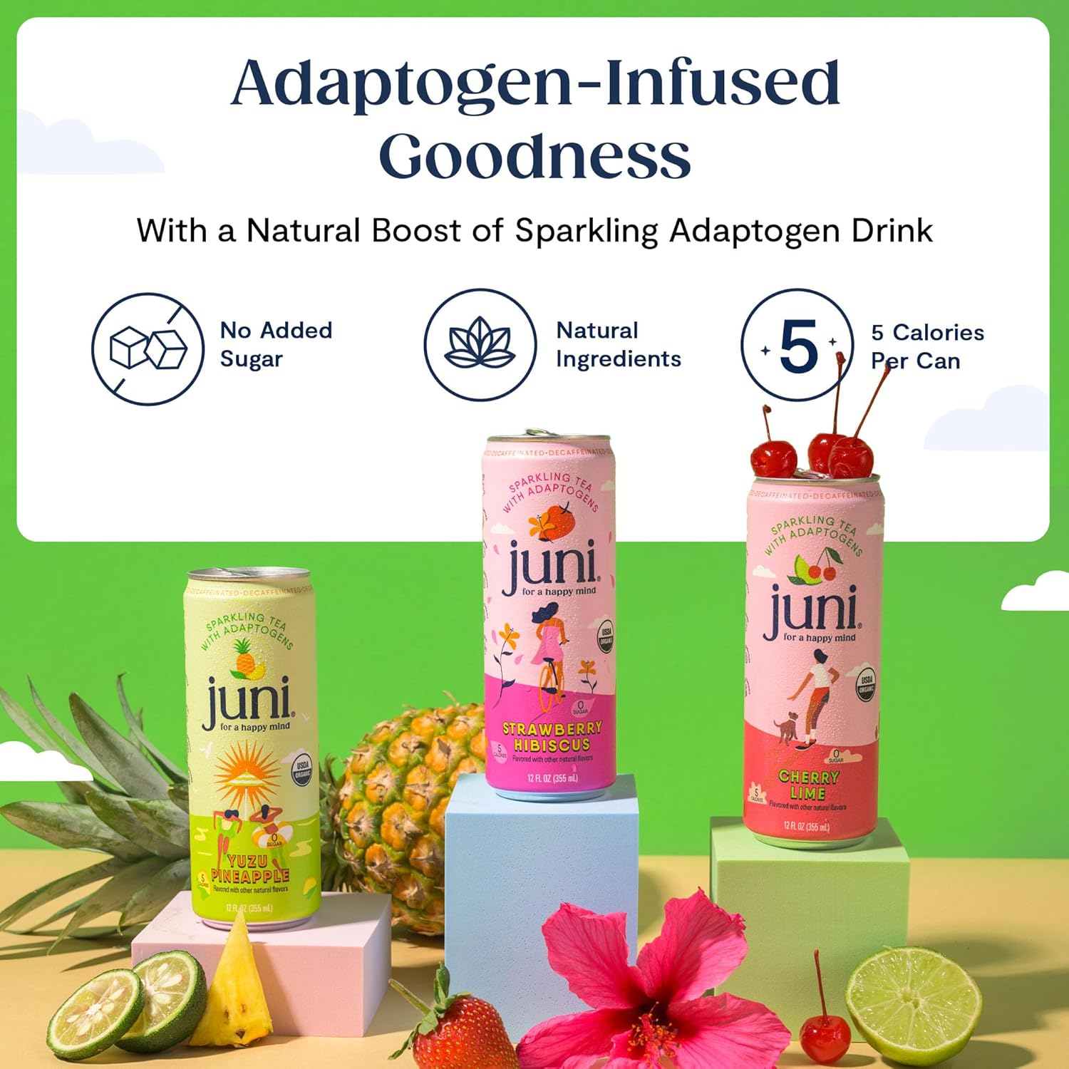 Juni Sparkling Adaptogen Drink with Ashwagandha, Lion’s Mane & Reishi Mushrooms | Green Tea for Focus, Zero Sugar, 5 Calories | Decaffeinated, Non Alcoholic Drinks – Variety Pack (12 Pack)