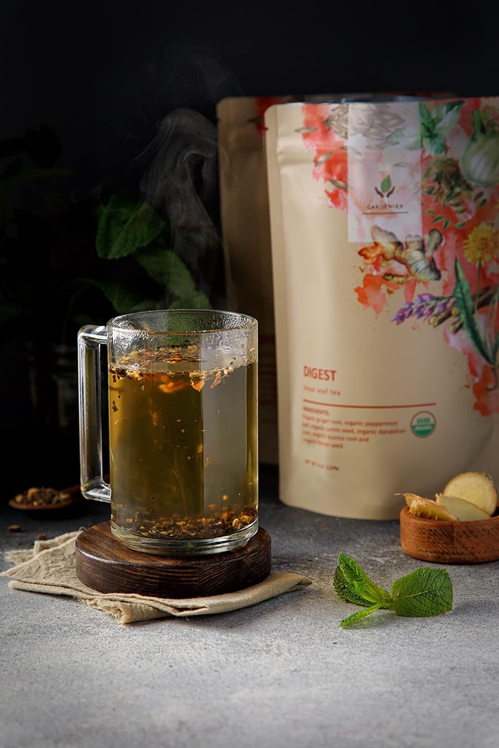 Gardenika Organic Digestive Loose Leaf Tea, Stomach Ease Herbal Caffeine-Free Leaves, Ayurvedic Blend with Dandelion Root, Ginger, Peppermint, Licorice – 4 oz