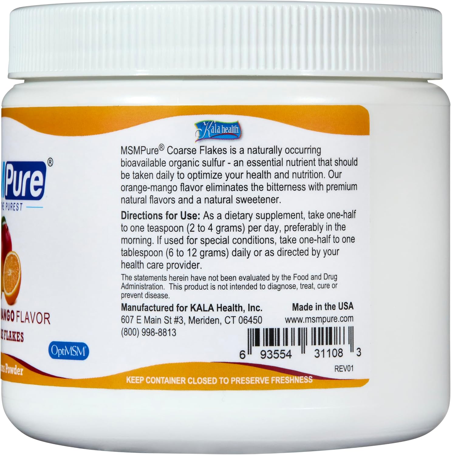 KALA HEALTH MSMPure Orange Mango Flavored Coarse MSM Powder Flakes – US-Made MSM for Joint Health, Skin Appearance, and Hair & Nail Support – 8.8 oz, Organic Sulfur