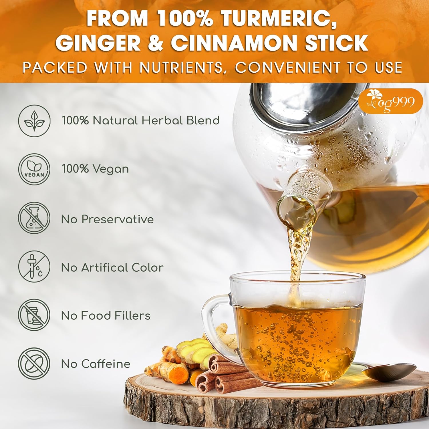 TOG999, Premium 20oz/330 cups Ginger Turmeric Cinnamon Loose Leaf Herbal Tea. Improve Digestion, Support Brain, Weight, Skin and Sleep. Premium Quality Spiced Blend. No Sugar, No Caffeine, No Gluten, Vegan.