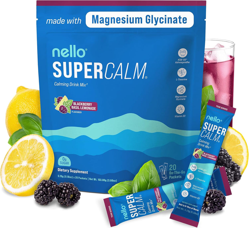 Supercalm Drink Mix -Ashwagandha KSM 66, Magnesium Glycinate & L-Theanine Supplement, Vitamin D3- Ashwagandha Root Extract- Focus and Relaxation Support (20 Travel Packets)- Blackberry Basil Lemonade
