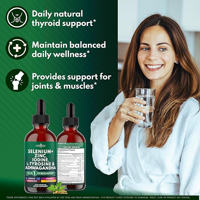 Thyroid Support Drops - Selenium, Zinc, Iodine, L Tyrosine, Ashwagandha, Turmeric, Schisandra Guggu, Cayenne, Basil - Liquid Supplement Folate Copper Alcohol -Free, Vegan, Non-GMO – 4 oz