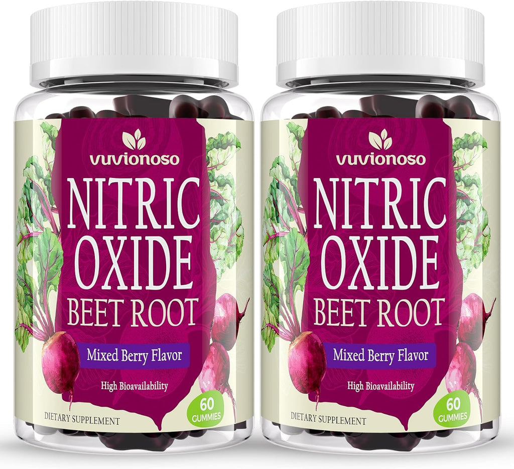 Beet Root Gummies – Nitric Oxide Supplement with Grapeseed, Pomegranate, Vitamin C & B12 – Sugar-Free Mixed Berry Flavor – 60 Gummies (2 Bottles)