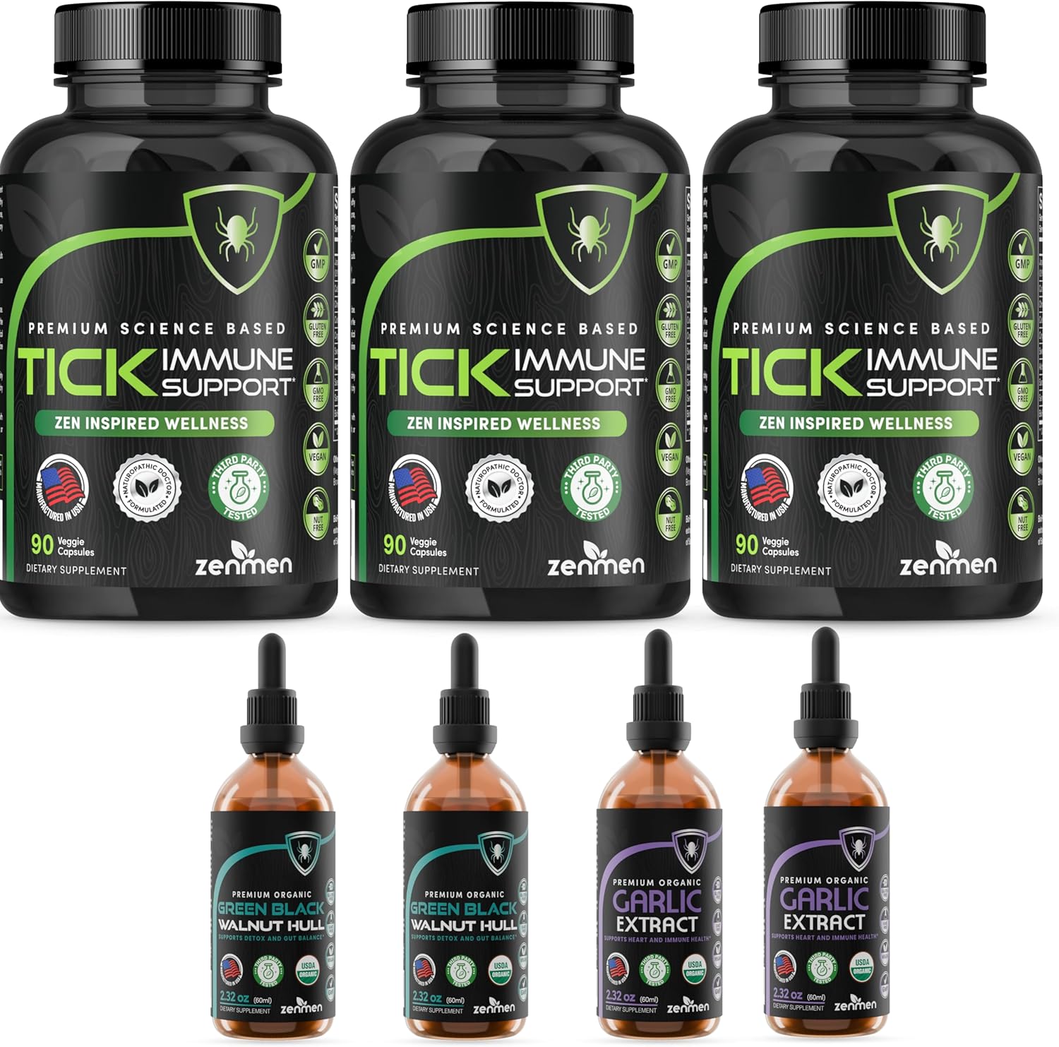 Zenmen Post Tick Bite Support Complete Bundle - Post Contact Protocol - 3 Tick Immune Support + 2 Garlic Tincture + 2 Green Black Walnut Tincture