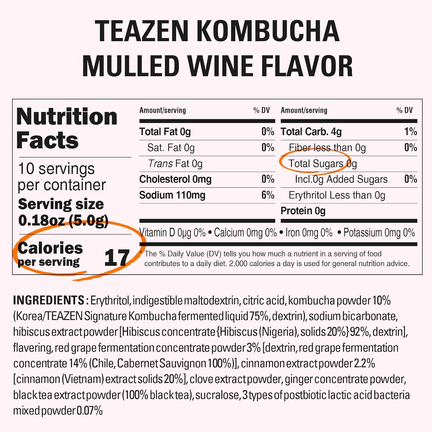 TEAZEN Mulled Wine Kombucha Tea, Spice Tea, Live Probiotics & Postbiotics, Relaxation and Warmth for Colds and Sore Throat, Electrolyte & Hydration Drink Mix, Sugar Free, 10 Sticks, 1.76oz