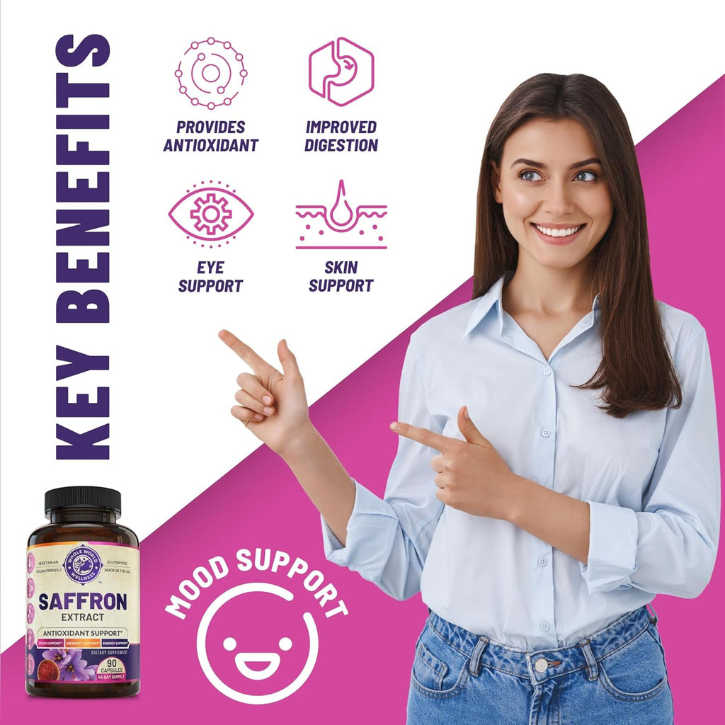 100% Pure Saffron Extract - Supports Weight and Appetite Health, Mood, Focus, Memory, Digestion, Eye, Skin and Brain Health. NSF Certified Saffron Supplements for Women and Men, 45-Day Supply.