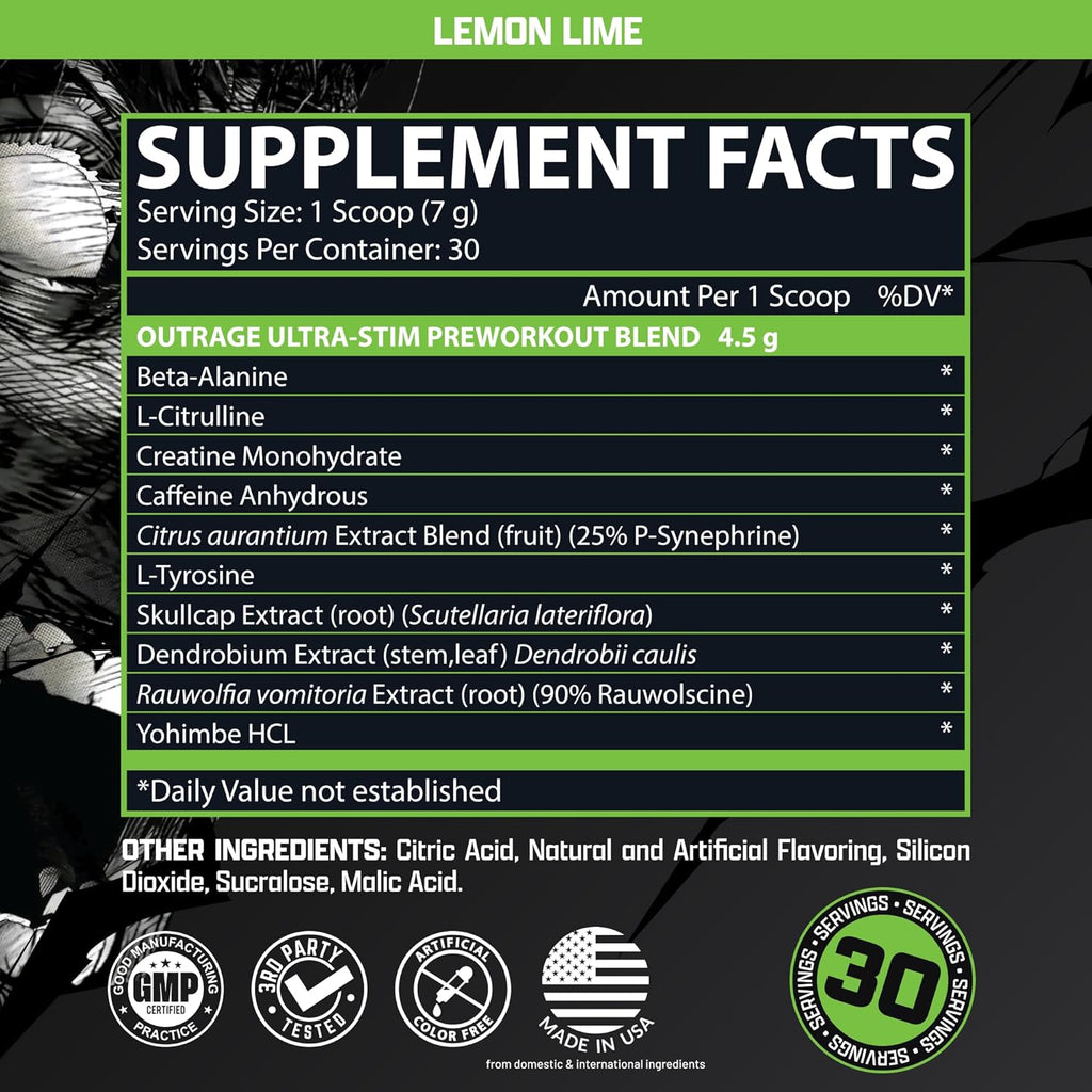 Outrage Ultra HIGH STIM Pre-Workout Powder for Men | 400mg Caffeine, L-Citrulline, Beta-Alanine, Creatine | Extreme Energy, Focus, Strength & Endurance (30 Servings, Lemon Lime)