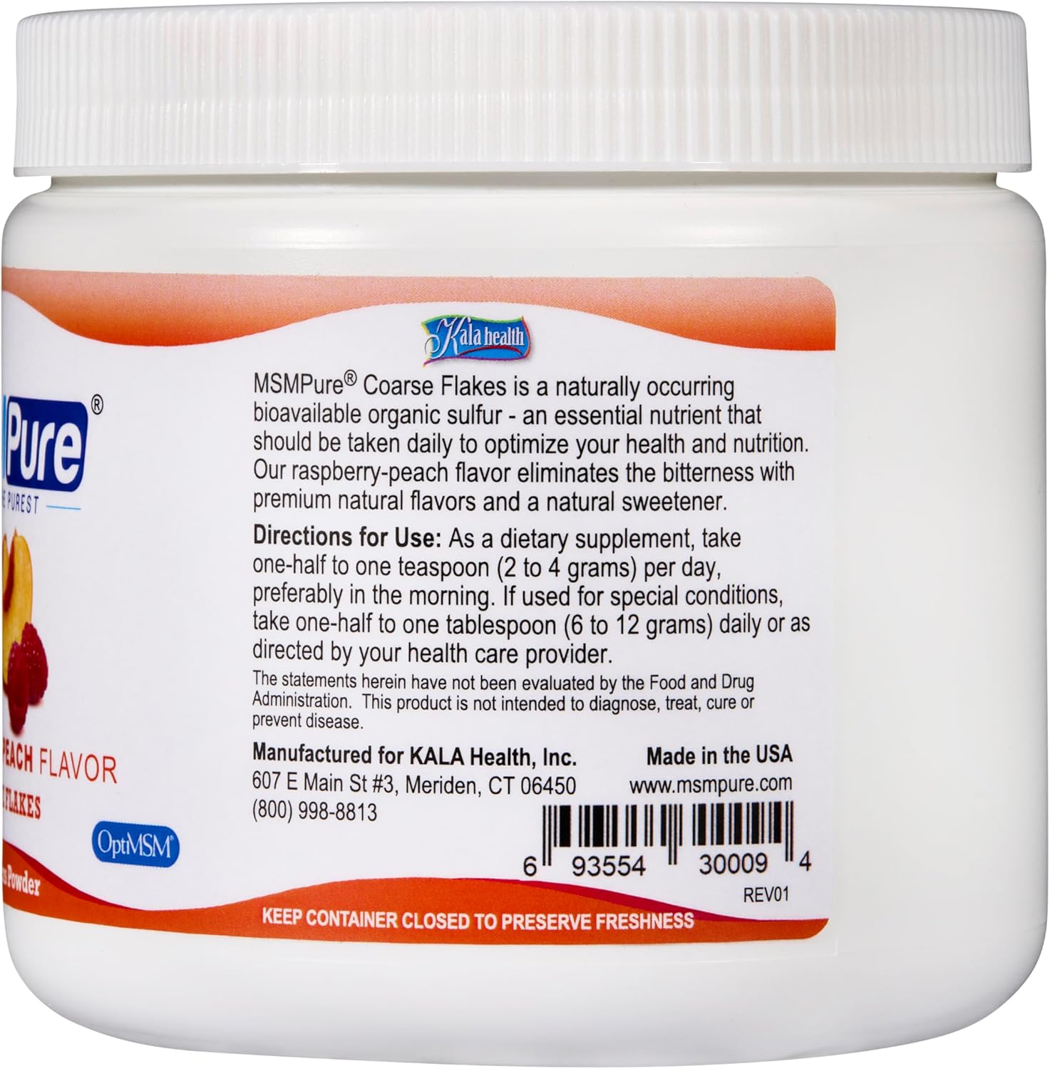KALA HEALTH MSMPure Raspberry Peach Flavored Coarse MSM Powder Flakes – US-Made MSM for Joint Health, Skin Appearance, and Hair & Nail Support – 8.8 oz, Organic Sulfur