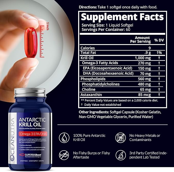100% Pure Krill Oil 1000MG 120-Day Supply Double Strength 56% Phospholipids Astaxanthin Sustainable Antarctic SuperbaBoost Omega 3 EPA DHA Heart Brain Skin Care, Third-Party Tested, No Fish Oil
