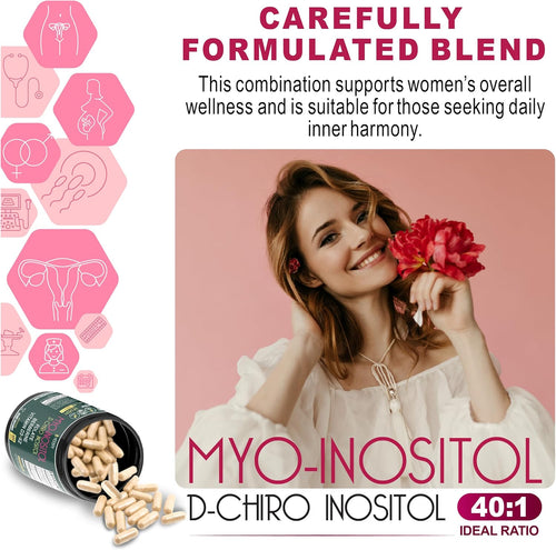6in1 Premium 40:1 Myo-Inositol & D-Chiro Inositol Supplement for Women with Folate, Berberine HCl 97%, Vitamin D3 & K2 - Hormonal Balance & Ovarian Health Support- 120 Vegan Capsules