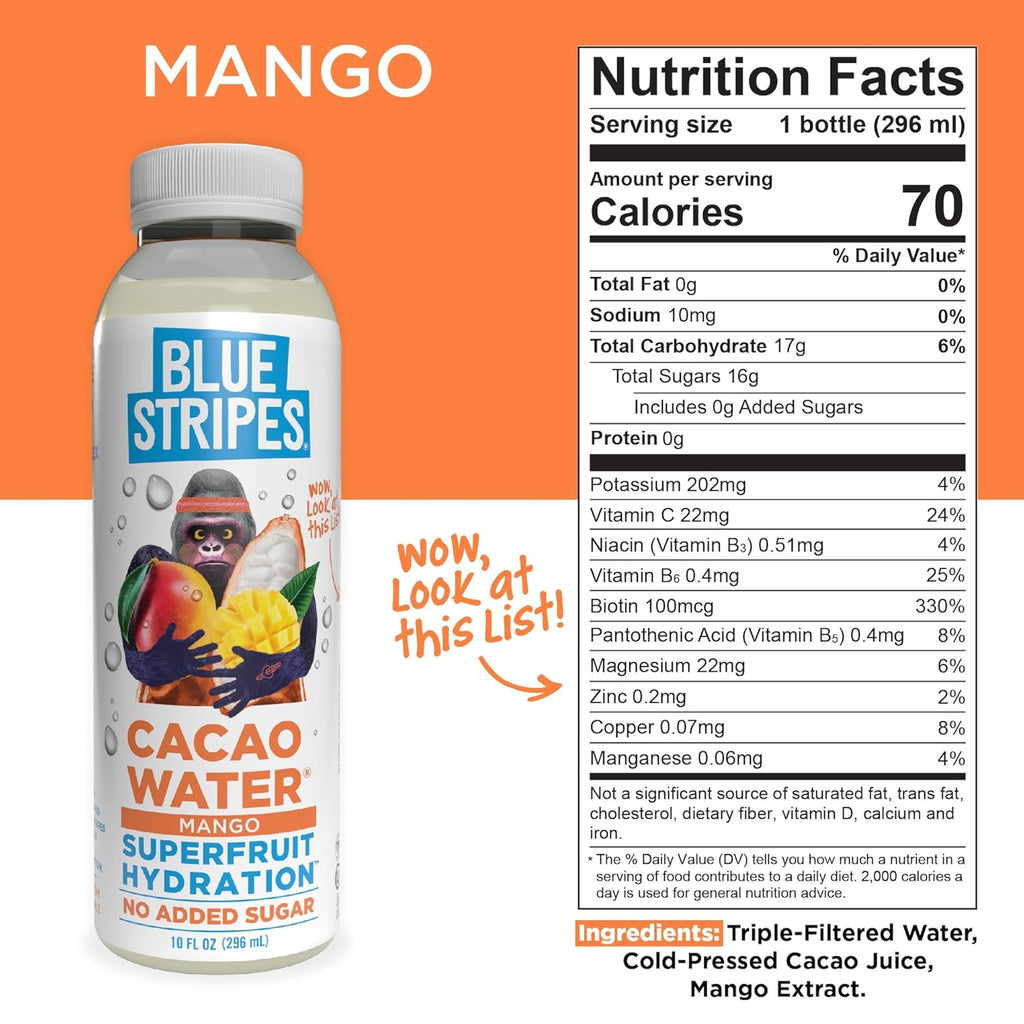 Blue Stripes Cacao Water (Mango) - All-Natural, No Sugar Added, Superfruit Hydration - Electrolytes & Antioxidants | Vitamin C & B | No Artificial Ingredients | (12 Pack)