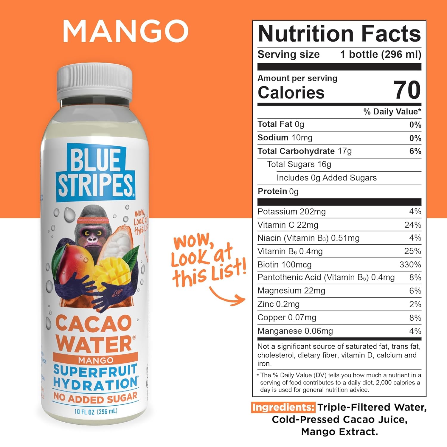 Blue Stripes Cacao Water (Mango) - All-Natural, No Sugar Added, Superfruit Hydration - Electrolytes & Antioxidants | Vitamin C & B | No Artificial Ingredients | (12 Pack)