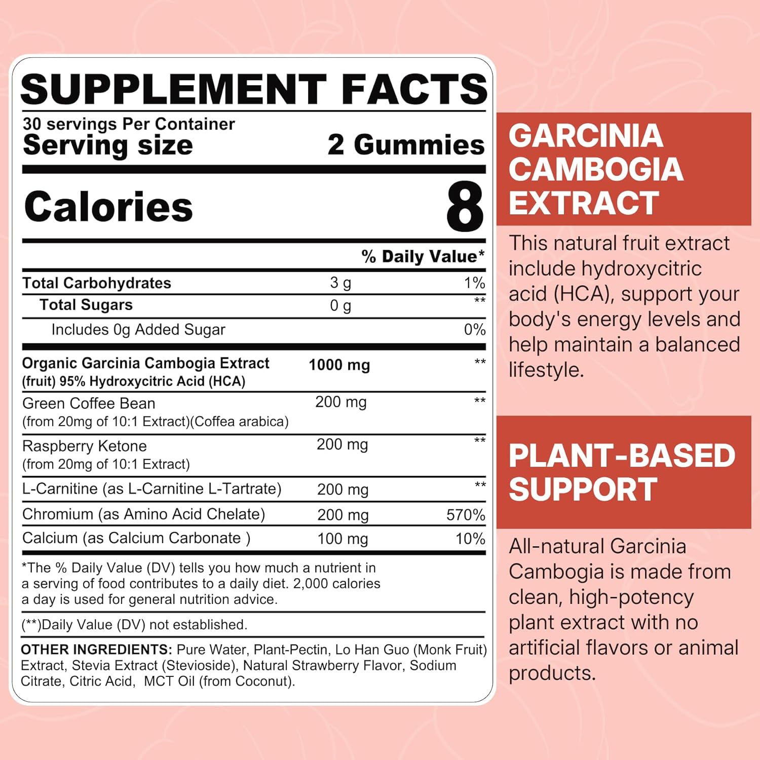 Sugar Free Garcinia Cambogia Gummies 1000mg 95% HCA with L-Carnitine, Raspberry Ketone, Chromium, Green Coffee Bean for Metabolism, Energy Boost, 100% Organic Extract, Vegan, Strawberry Flavor 120 Cts