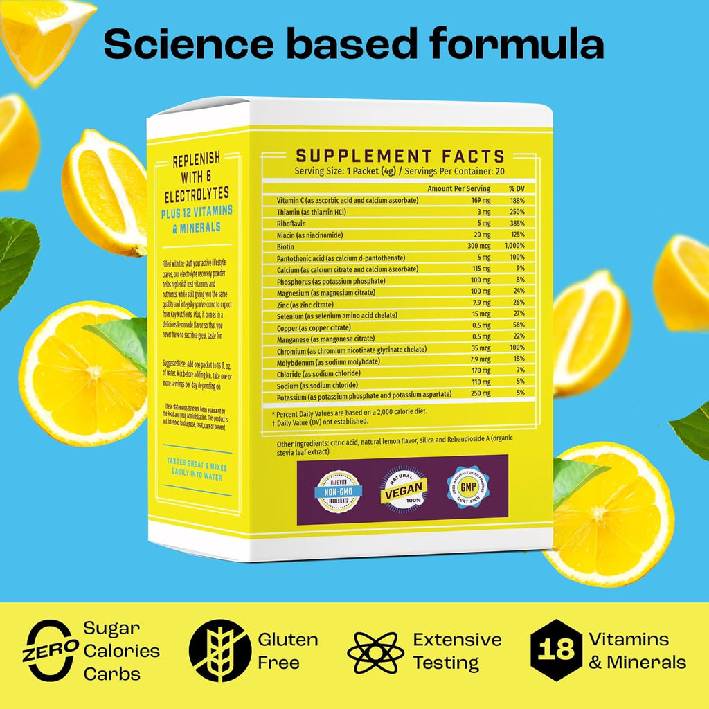 KEY NUTRIENTS Electrolytes Powder Packets 20 Pack - No Sugar, Refreshing Lemonade, Hydration Packets with Electrolyte Powder for Refreshing Electrolyte Drink Mix Packets - Zero Calories