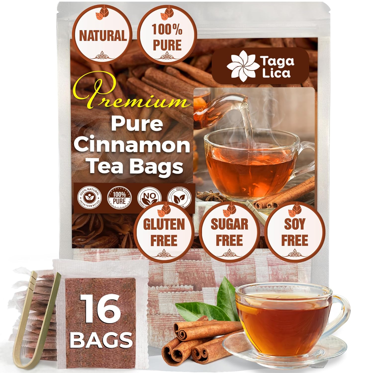 Tagalica 16 Cinnamon Tea Bags - 100% Natural & Pure Cinnamon Stick Herbal Tea. No Sugar, No Caffeine, No Gluten, Vegan
