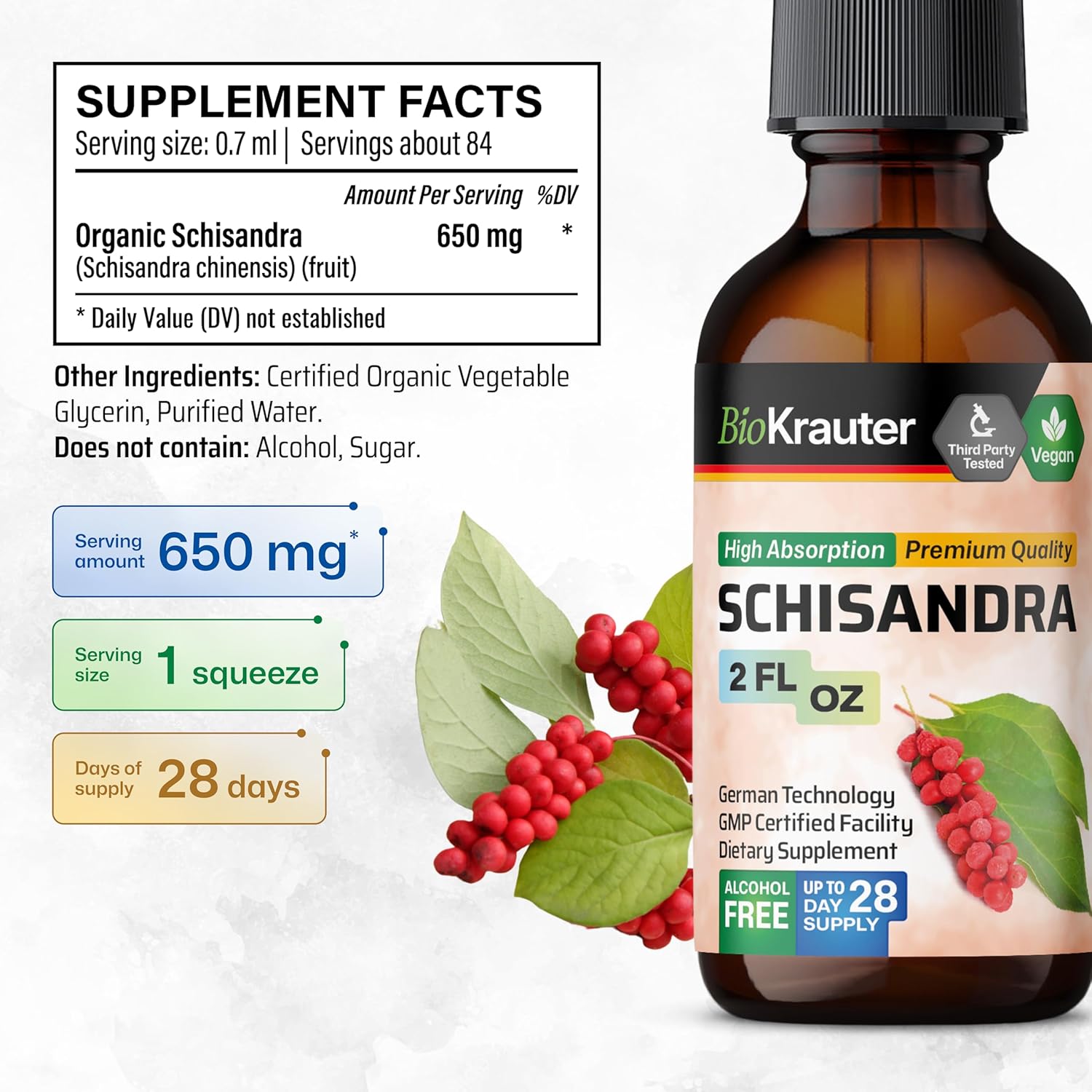 BIO KRAUTER Schisandra Berry Drops - Natural Schisandra Supplement for Mood Support - Alcohol & Sugar Free Extract - 2 Fl.Oz.