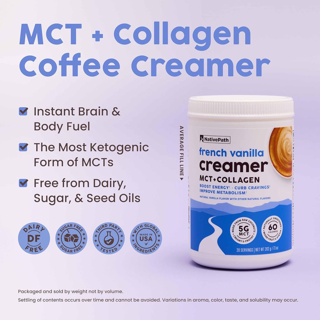 NativePath Keto Coffee Creamer Powder French Vanilla — Keto-Friendly, Non-Dairy & Low Sugar Creamer. Made with Grass-fed Collagen Protein Powder, MCT Oil & Monk Fruit. Soy & Gluten Free (7.1 OZ)