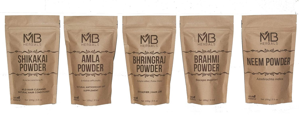 MB Herbals Hair Care Powders COMBO Pack | Shikakai | Neem | Brahmi | Amla | Bhringaraj | Powders | 100 Grams Each | For Hair Pack | External Use Only