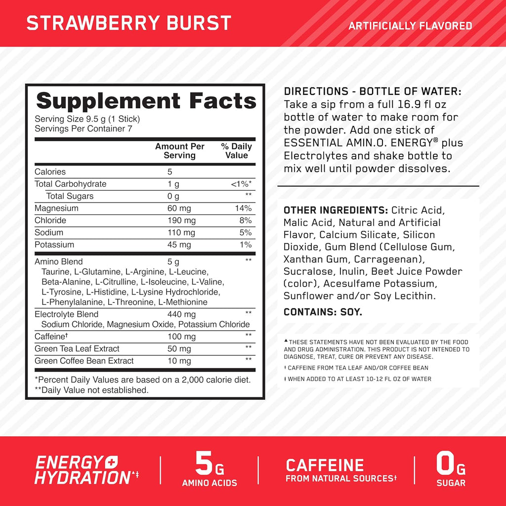 Optimum Nutrition Essential Amino Energy Plus Electrolytes Stick Packs, Energy Powder, Strawberry Burst, 7 Count