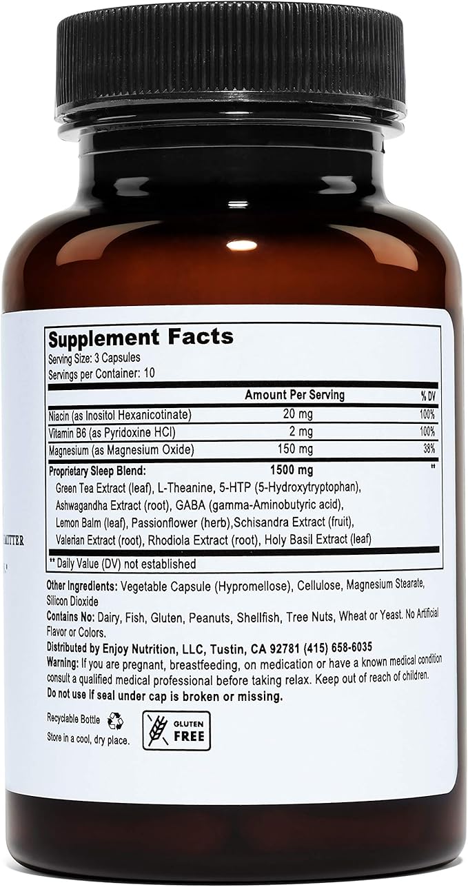 Relax - Natural Sleep Supplement with GABA, L-Theanine, Valerian Root, 5-HTP, Lemon Balm – Calm and Relaxation Aid - 30 Vegetarian Capsules