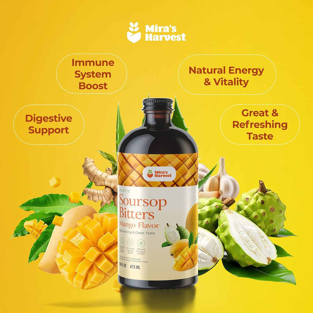 Mira's Harvest Soursop Bitters Liquid Mango Flavor, Premium Grade For Immune Boost, with Irish Moss, Burdock Root, African Mango 16oz