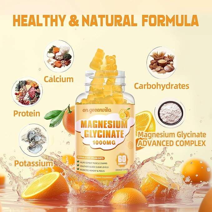 Magnesium Glycinate Gummies 1000mg - Sugar Free Magnesium Potassium Supplement with Vitamin D, B6, CoQ10 for Calm Mood & Sleep Support - 120 Orange Gummies 2 Pack