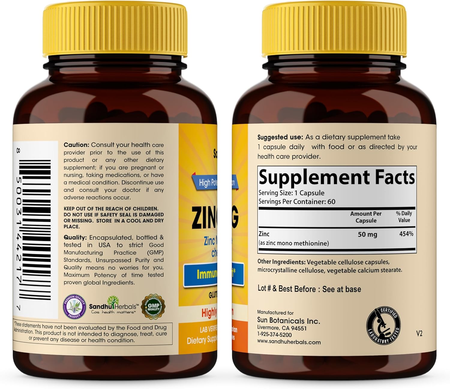 Sandhu Herbals Zinc 50mg Supplement for Men & Women| High Absorption Zinc Monomethionine Complex 60 Capsules| Supplements for Immune, Acne & Antioxidant Support| Vegetarian