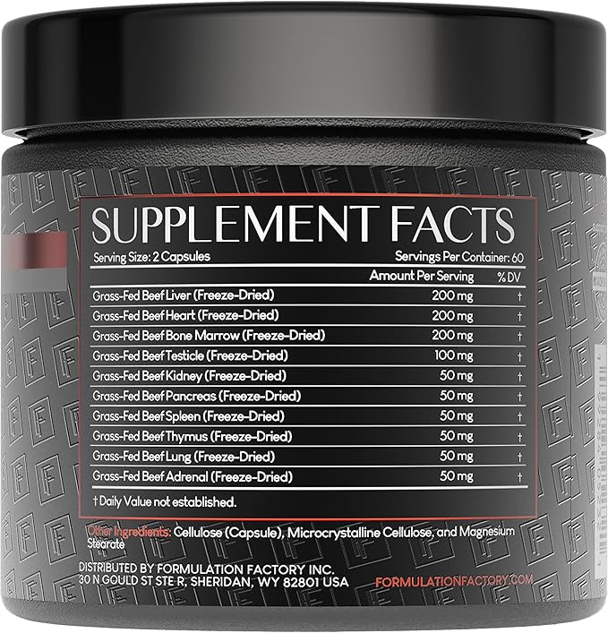 Formulation Factory Beef Liver Capsules - 10-in-1 Primal Powder Beef Organ Supplement for Men & Women with Bone Marrow & Beef Testicle - Grass Fed Ancestral Health - 120 Capsules, 2 Month Supply