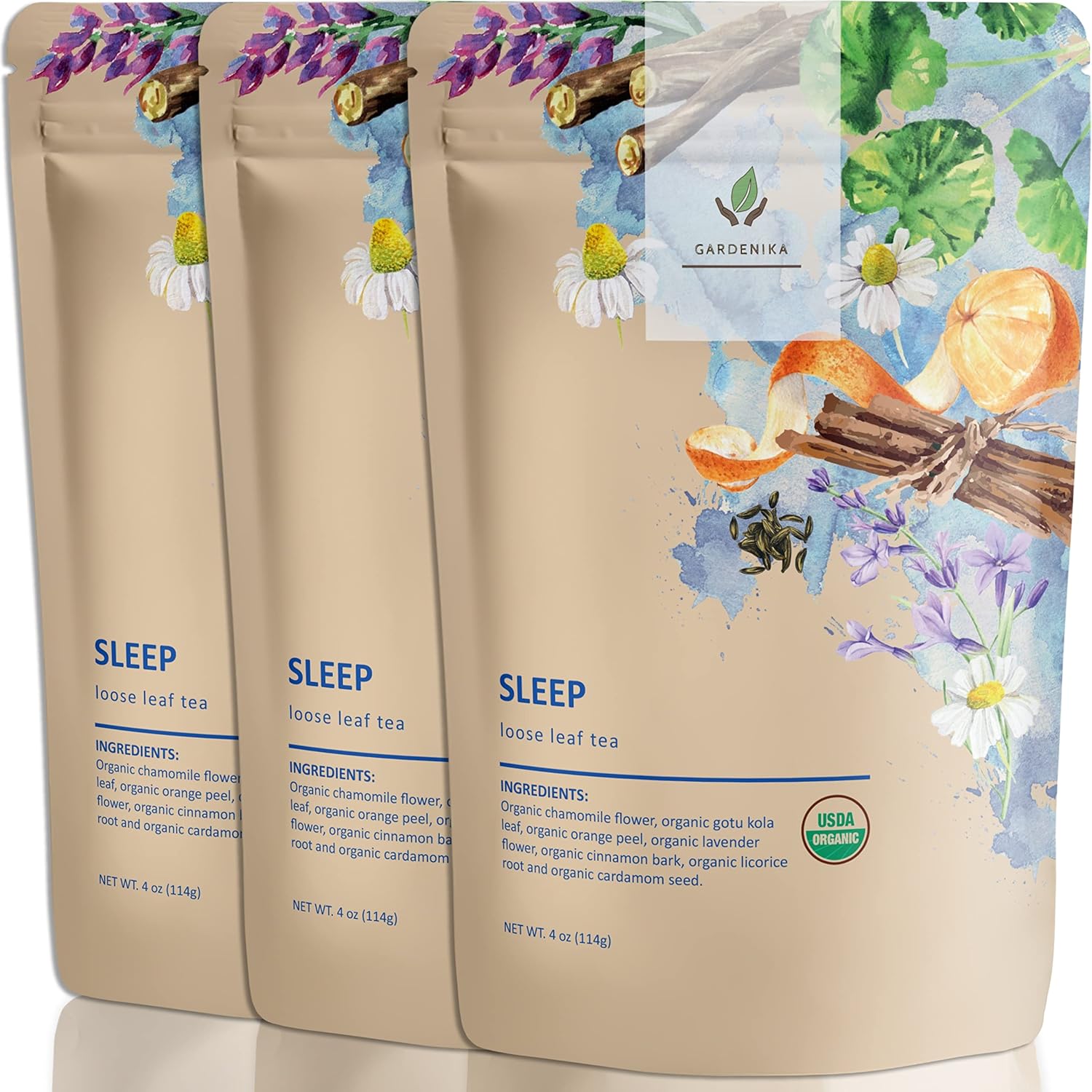 Gardenika Organic Sleep Loose Leaf Tea with Chamomile and Lavender Flowers, Herbal Caffeine Free Leaves, Ayurvedic Blend - 3 Pack