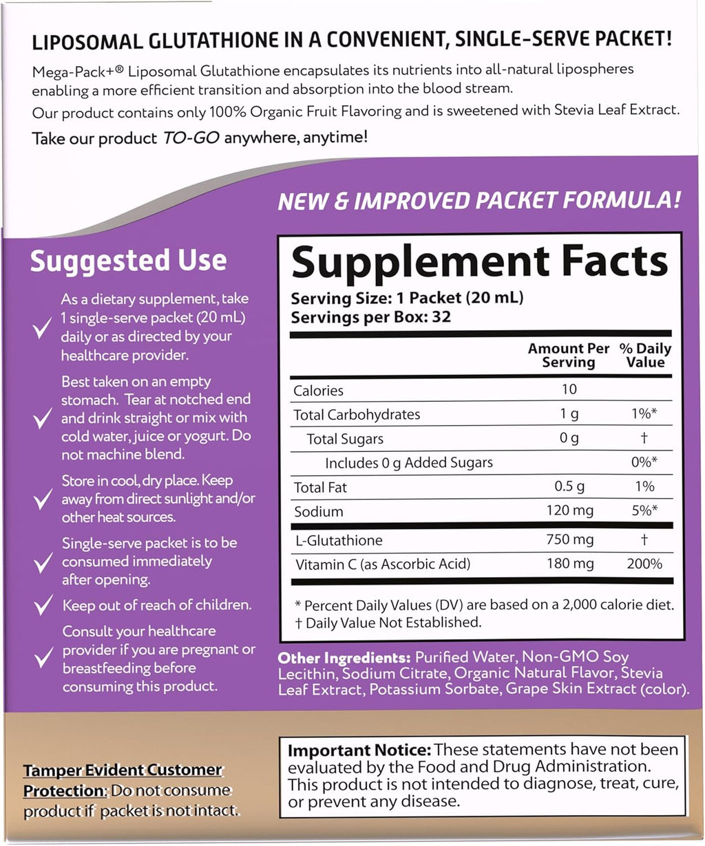 Aurora Nutrascience Mega-Liposomal Liquid Glutathione, Immune & Antioxidant Gut Health Support Supplement, 750 mg per Serving, Non-GMO, Sugar-Free, 32 Single Serve Packets