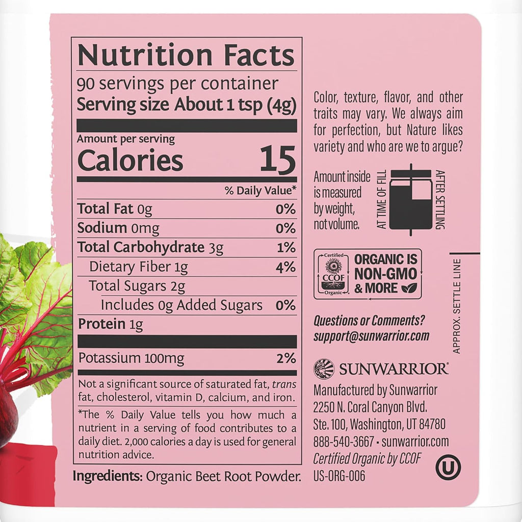 Sunwarrior Beet Root Powder Nitric Oxide Increase Stamina Blood and Flow Circulation Natural Non-GMO Keto Vegan Superfood for Smoothies Acai Pudding Baking 360g sq tub (90 Servings) Organic Harvest