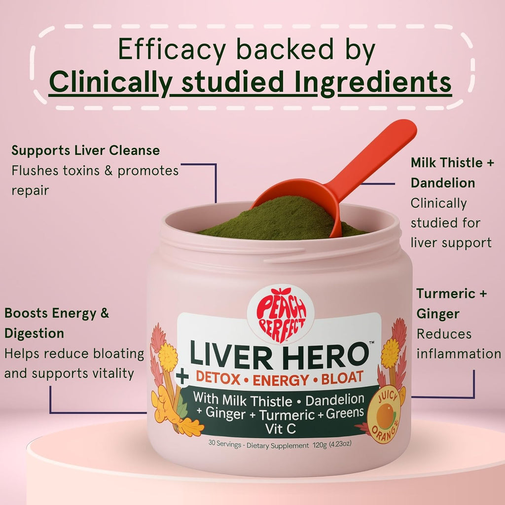 Peach Perfect Liver Hero – Premium Liver Detox and Bloat Support Powder for Women | Milk Thistle, Dandelion, Turmeric, Ginger, Chlorophyll and Vitamin C | Daily Energy, Digestion and Skin Clarity | Juicy Orange Flavor – 30 Servings