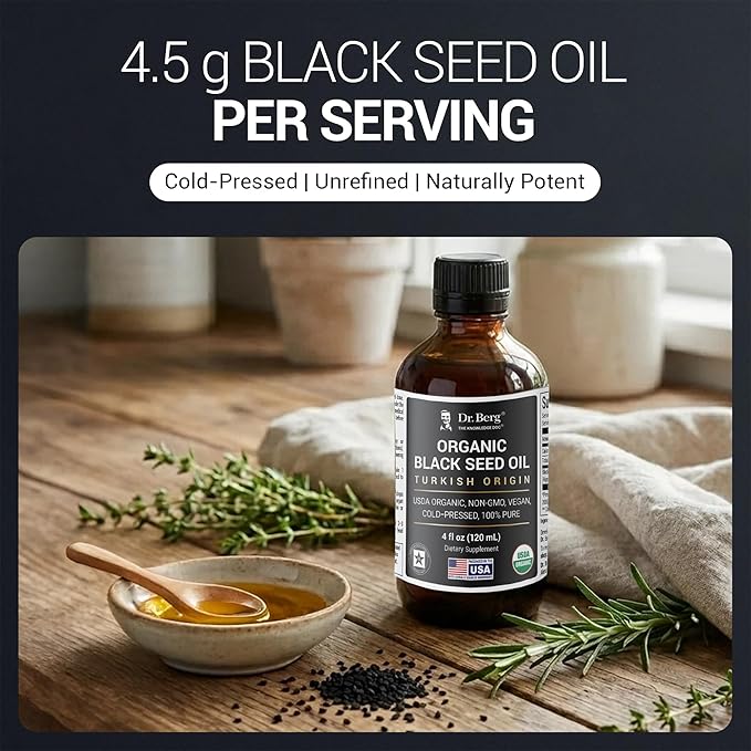Dr. Berg Black Seed Oil Organic Cold Pressed – Pure Nigella Sativa Black Cumin Oil – USDA Organic, Halal, Vegan – for Hair, Skin, Immune Support – Unrefined Liquid – 4 oz Glass Bottle