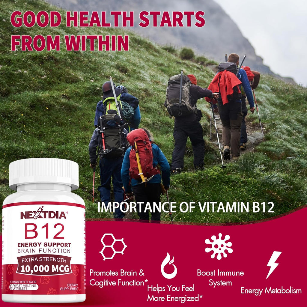 B12 Vitamins 10,000 mcg, Methylated Vitamin B12 Sublingual - Energy Boost, Focus, Metabolism & Brain Health Support, Immune System Support, Fast Dissolve, Natural Strawberry Flavor, 180 Servings