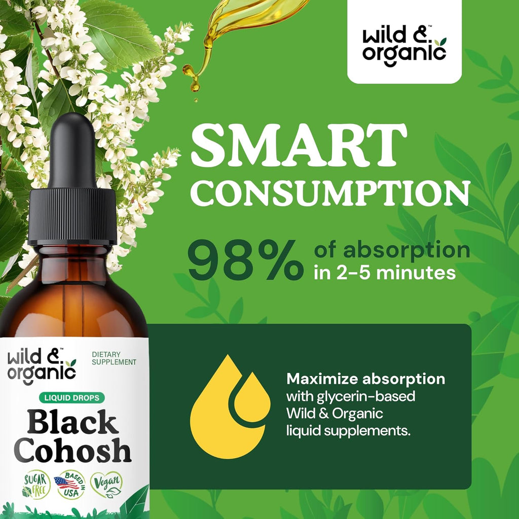 Wild & Organic Black Cohosh Liquid Drops 540 mg - Herbal Supplements for Women - Liquid Black Cohosh Extract Tincture - 2-Month Supply - Vegan, Sugar & Alcohol-Free - 2 fl oz
